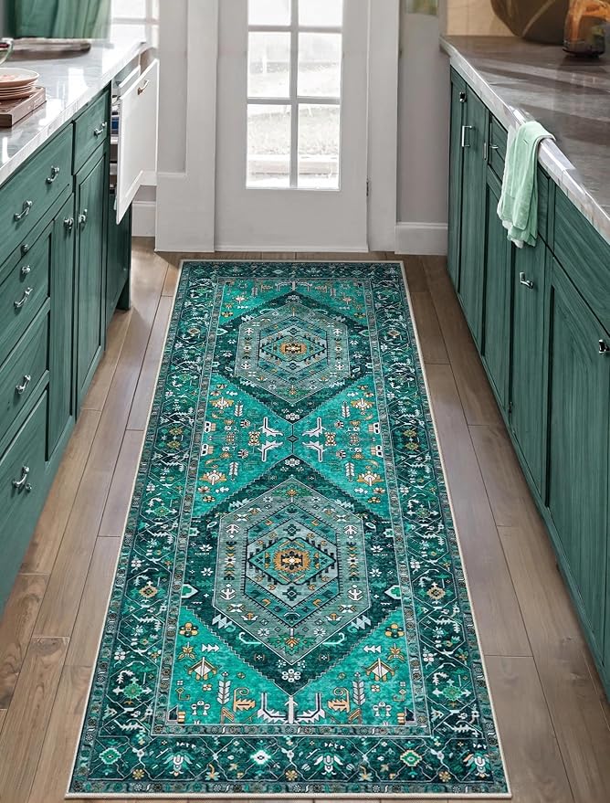 SERISSA Boho Washable Runner Rug, 2x5 Rug Runner Non-Slip Vintage Teal Hallway Kitchen Runner Rug Ultra Soft Print Distressed Tribal Floor Carpet Runner for Bedroom Bathroom Laundry Living Room