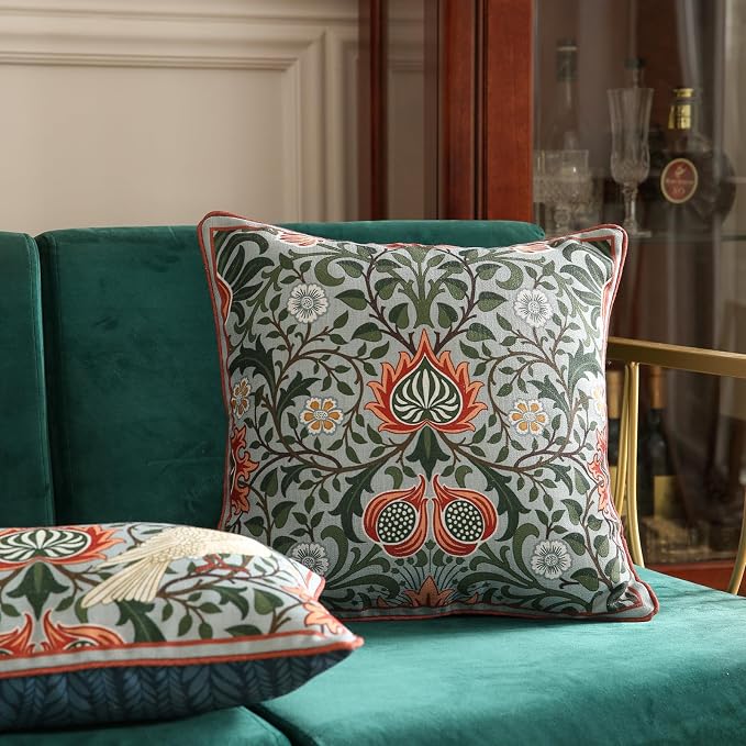 ISAENNE Designer Linen Square Throw Pillow Cover,Set of 2,18"x18"-Naples A | Vintage French Elegant Pillow Cover,Concealed Zipper Design,Floral Pattern,Sofa,Bedroom,Living Room,Lounge Chairs