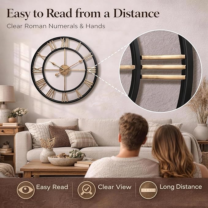 Pytha Sight 24 Inch Large Wall Clocks for Living Room, Farmhouse Roman Numeral Metal Wall Clock, Silent Non-Ticking Oversized Decorative Wall Clock for Fireplace, Dining Room, Office Decor