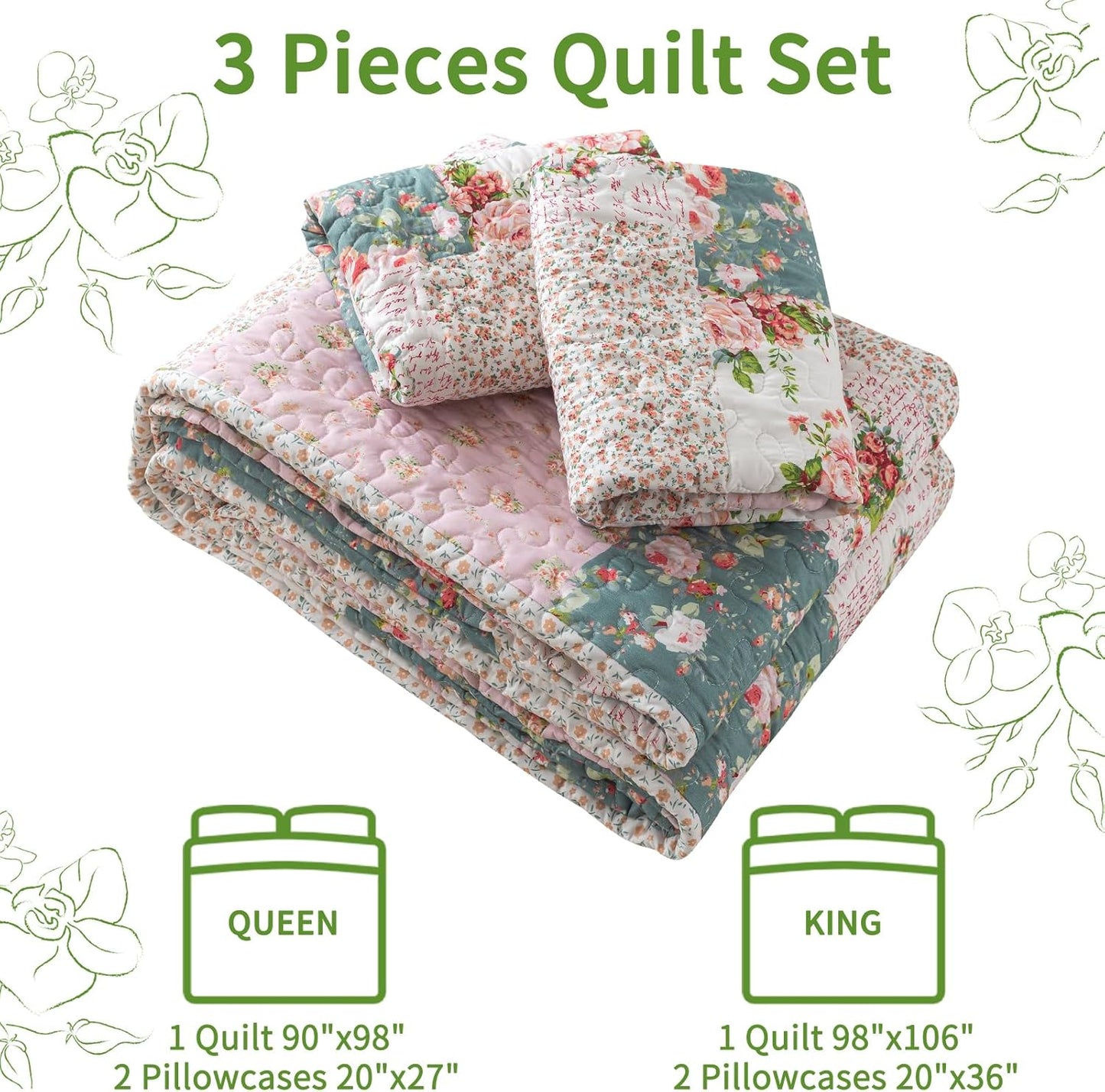 VAPUTAR Queen Size Quilt Set - Reversible Floral Queen Size Bedspreads with Wavy Edges - Lightweight Farmhouse Queen Quilt Bedding Sets for Bed Decorations, 3 Pieces