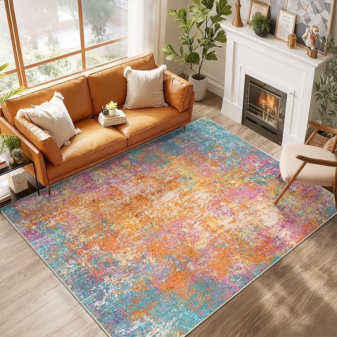 RELEANY Washable Area Rugs 5'x7' Non-Slip Modern Abstract Soft for Living Room Entryway Bedroom Nursery, Print Pattern, Orange Blue Pink Yellow Colorful