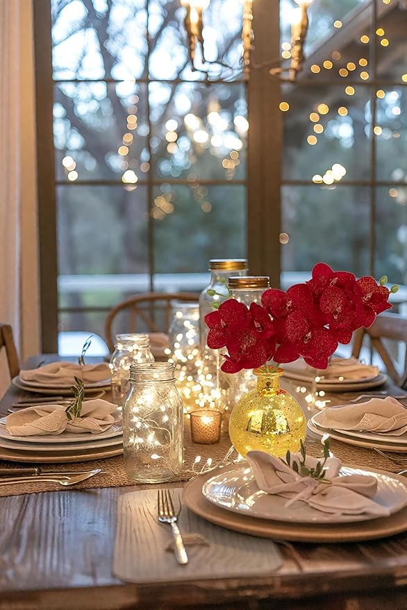 Red Orchids Artificial Flowers Faux Orchid Arrangement with Gold Glass Vase Set of 2 Real Touch Phalaenopsis Orchid Flowers Orchid Centerpiece for Dining Room Table