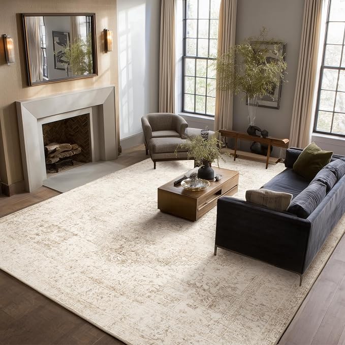 Machine Washable Rugs for Living Room: 9x12 Area Rugs for Bedroom Ultra Soft Non-Slip Low Pile Vintage Distress Boho Large Carpet for High-Traffic Dining Room - Farmhouse Decor