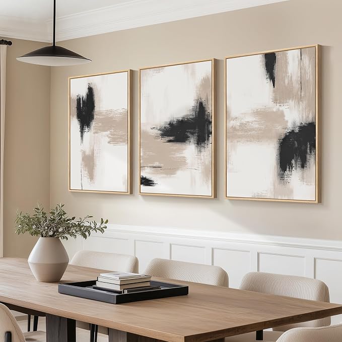 Large Framed Neutral Abstract Wall Art for Living Room, 3 Piece Modern Minimalist Canvas Prints Artwork for Walls, Extra Large Abstract Paintings for Dining Room Bedroom Hallway Wall Decor, 24x36 Inch
