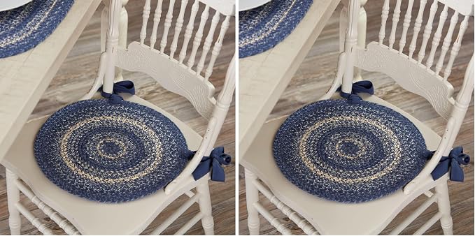 VHC Brands Great Falls Blue Round Seat Cushion Chair Pad, Blue White, Jute Blend with Ties, 15x15 Inches (Pack of 2)