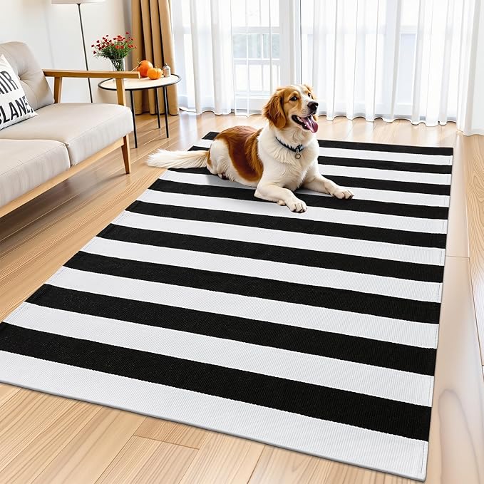 OLANLY Black and White Striped Rug 3' x 5' – Washable Cotton Indoor Outdoor Doormat for Front Door, Entryway, Kitchen, Porch, Patio Decor