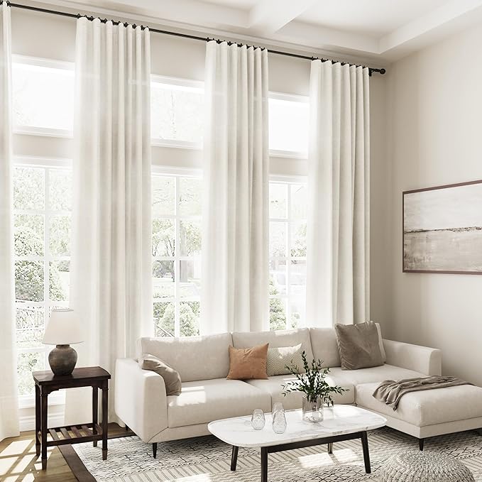 Cream Linen Curtains 109 Inches Long for Living Room Extra Long Back Tab Curtains Neutral Farmhouse Light Filtering Semi Sheer Linen Drapes Ceiling to Floor for Large Window 2 Panels Set 52x109