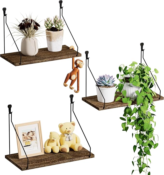 QsQueen Elevate Your Space with Rustic Wood Floating Shelves Set of 3- Perfect for Bedroom, Living Room, Bathroom, and Kitchen Decor - Easy Installation, No Drilling Needed! Brown