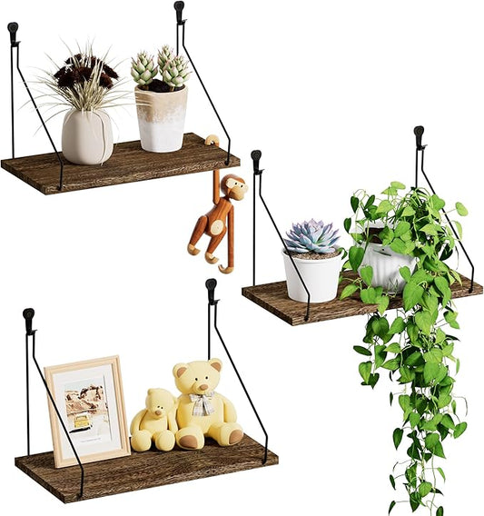 QsQueen Elevate Your Space with Rustic Wood Floating Shelves Set of 3- Perfect for Bedroom, Living Room, Bathroom, and Kitchen Decor - Easy Installation, No Drilling Needed! Brown