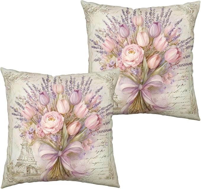 Spring Summer Tulip Pillow Covers Shabby Chic Pink Purple Flower Pillow Cases Lavender Floral Throw Pillow Covers 24x24 Rustic Farmhouse Cushion Case for Bedroom Living Room 2 Pack