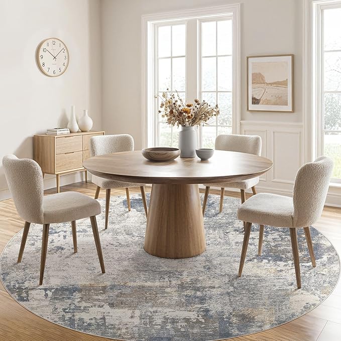UERMEI 10ft Round Area Rug Living Room Rugs - 10x10 Washable Large Neutral Modern Abstract Soft Thin Rug Indoor Floor No Slip Rug Carpet for Bedroom Under Dining Table Home Office Decor - Blue Grey