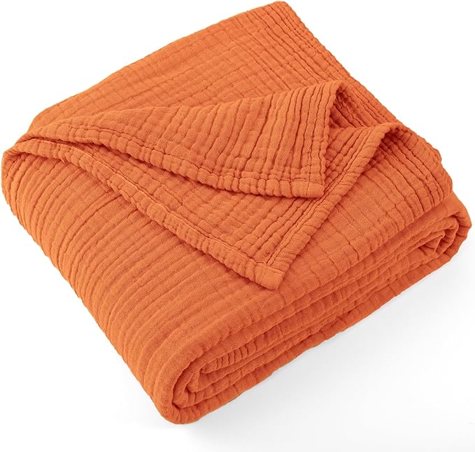 Carriediosa 100% Cotton Muslin Throw Blanket 66" X 90" Twin XL Size，4-Layers Summer Gauze Throws for Bed Couch，Soft Lightweight Breathable Linen Blankets Bedspread for Adults All Season，Orange