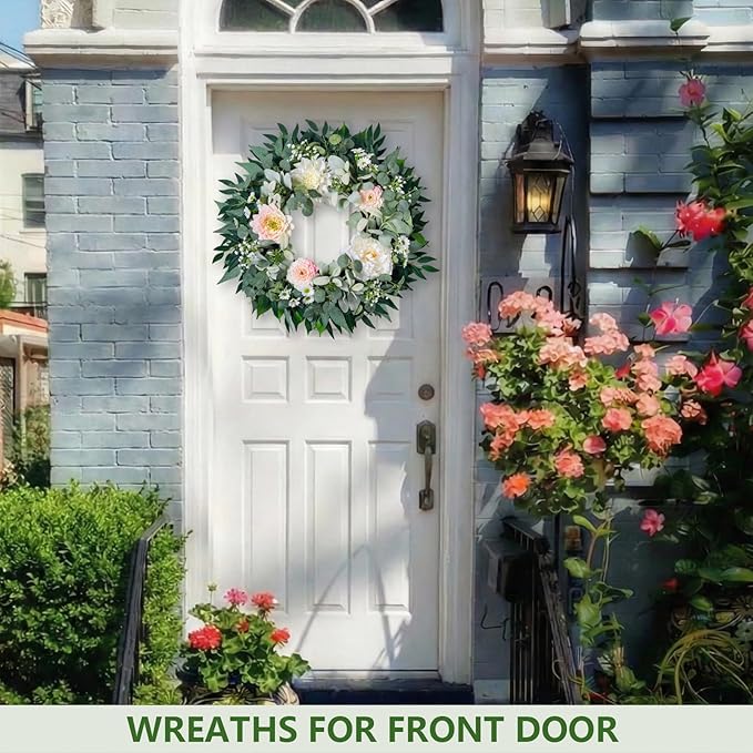 Spring Summer Wreath for Front Door, 22" Artificial Silk Peony Eucalyptus Floral Wreaths for Indoor Outdoor, Farmhouse Greenery Home Decor for Holiday Housewarming