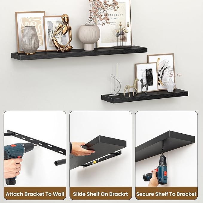 Heimlove 24 Inch Floating Shelves for Wall,Mounted Storage Wood Shelves with Invisible Brackets Hanging Shelf for Bedroom,Living Room,Kitchen,Office,Set of 2,Black