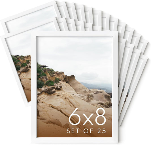 HAUS AND HUES 6x8 White Metal Picture Frames - Bulk Frames 6x8 - Features Premium Aluminum, Vertical Hanging, Easel Back for Tabletop, Home, Office (6x8 in, White, Set of 25)