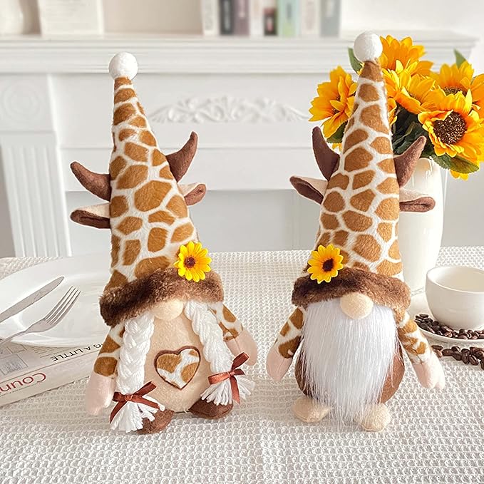2PCS Giraffe Gnomes Plush Decorations, Farmhouse Gnomes Decorations for Home, Scandinavia Gnome Tiered Tray Sunflower Decor for Kitchen Decor, Gnome Gifts for Women, Swedish Nisse Tomte Home Oranment