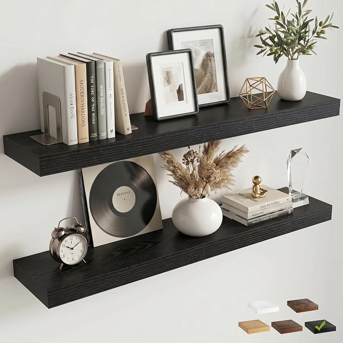 40 Inch Floating Shelves for Wall, 8"D Wood Storage Shelves, Black Finish | Engineered Wood, Invisible Bracket, Large Storage, Easy Install, Hold Up to 66lbs, Living Room, Bathroom, Bedroom, Kitchen