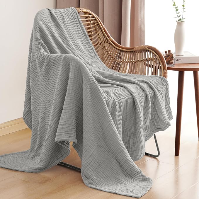 PHF 100% Cotton Muslin Blanket Twin XL Size 66"x90", 4-Layer Lightweight Gauze Throw, Breathable Cloud-Soft Minimalist Blanket for Bed, Couch, Camping & Baby, Light Grey, Ideal Gift
