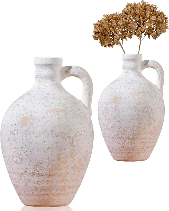 UPWOIGH 9.8in Ceramic Flower Vase with Handles | Off-White Finish, Handcrafted Weathered Texture, Rustic Farmhouse Style, Table Shelf Living Room Décor
