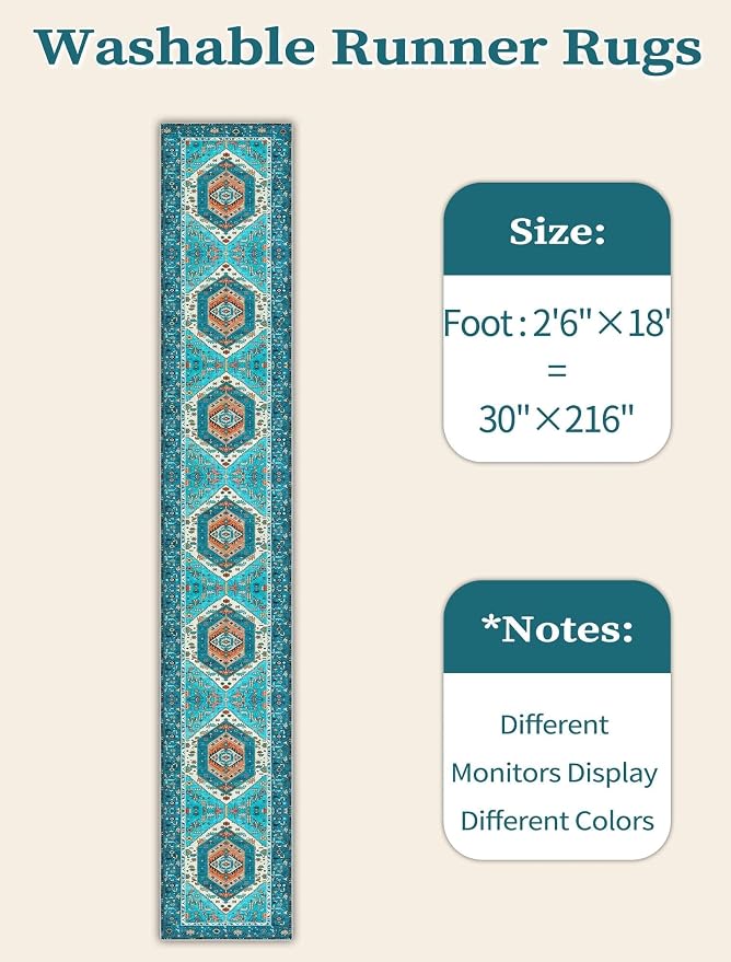 SERISSA Runner Rug for Hallways, 2'6"x18' Washable Non Slip Kitchen Runner Rug, Extra Long Boho Rug Ultra Soft Vintage Blue Print Floor Carpet for Hallway Living Room Dining Room Bedroom