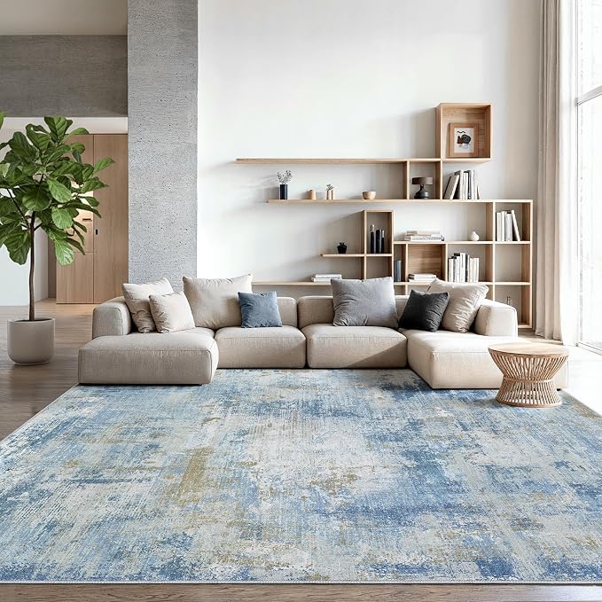 AMADA HOMEFURNISHING 10x14 Area Rugs for Living Room, Modern Large Area Rugs with Non-Slip Backing & Low Pile, Neutral Soft Washable Rug for Large Bedroom Dining Room Nursery Office, Light Blue