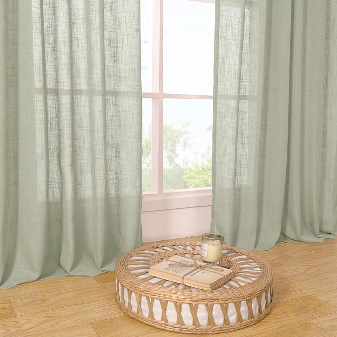 LAMIT Sage Grey Linen Curtains 54 Inch Length 2 Panels, Light Filtering Panels Back Tab and Rod Pocket Neutral Drapes for Kitchen/Window/Bedroom, 52 x 54 Inch