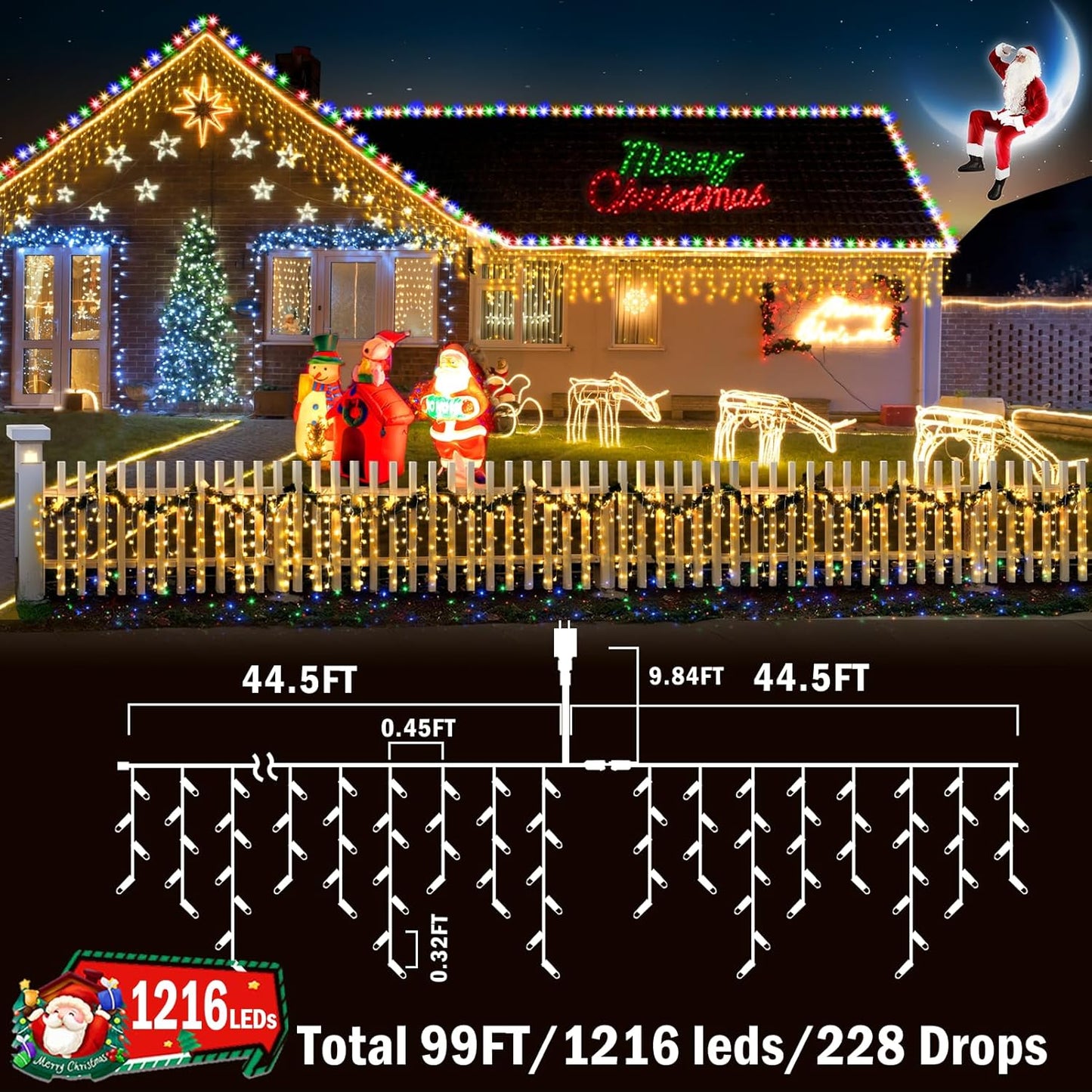 KNONEW 99ft 1216 LED Christmas Lights Outdoor Decorations with 228 Drops, 8 Modes Curtain Fairy String Light, Clear Wire LED String Light Indoor Decor for Wedding Party Christmas