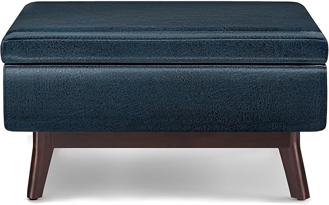 SIMPLIHOME Owen Coffee Table Storage Ottoman - 34" Wide x 19" High Upholstered Vegan Leather Rectangular Lift-Top Ottoman in Distressed Dark Blue, Mid-Century Modern Bench with Tapered Legs