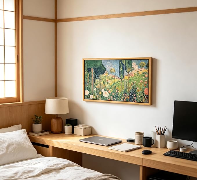 Large Wood Framed Horizontal Botanical Wall Art,Green Spring Garden Canvas Print,Vintage plant Floral Landscape Picture Poster,Natural scenery Painting Artwork for Bedroom Living Room Office
