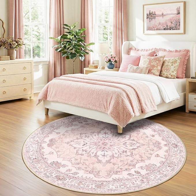 RELEANY Area Rugs 7ft Washable Non-Slip, Floral Vintage Distress Print Pattern Medallion Carpet for Living Room Bedroom Dining Room, Pink Greypink Cute