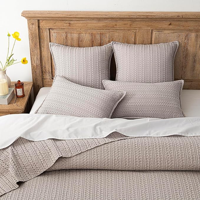 Foindtower Set of 2 Decorative Cotton Waffle Weave Throw Pillow Covers Euro Shams Cushion Covers Accent European Pillowcase for Bed Couch Sofa Bedroom Living Room Home Decor 20×20 Inch Tan Beige
