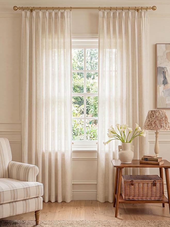 Liz Pinch Pleated Linen Curtains 100 Inches Long - Light Filtering Curtains for Living Room, Semi Sheer Window Curtains for Bedroom, Luxury Pinch Pleated Drapes with Hooks, Natural, 2 Panels Set