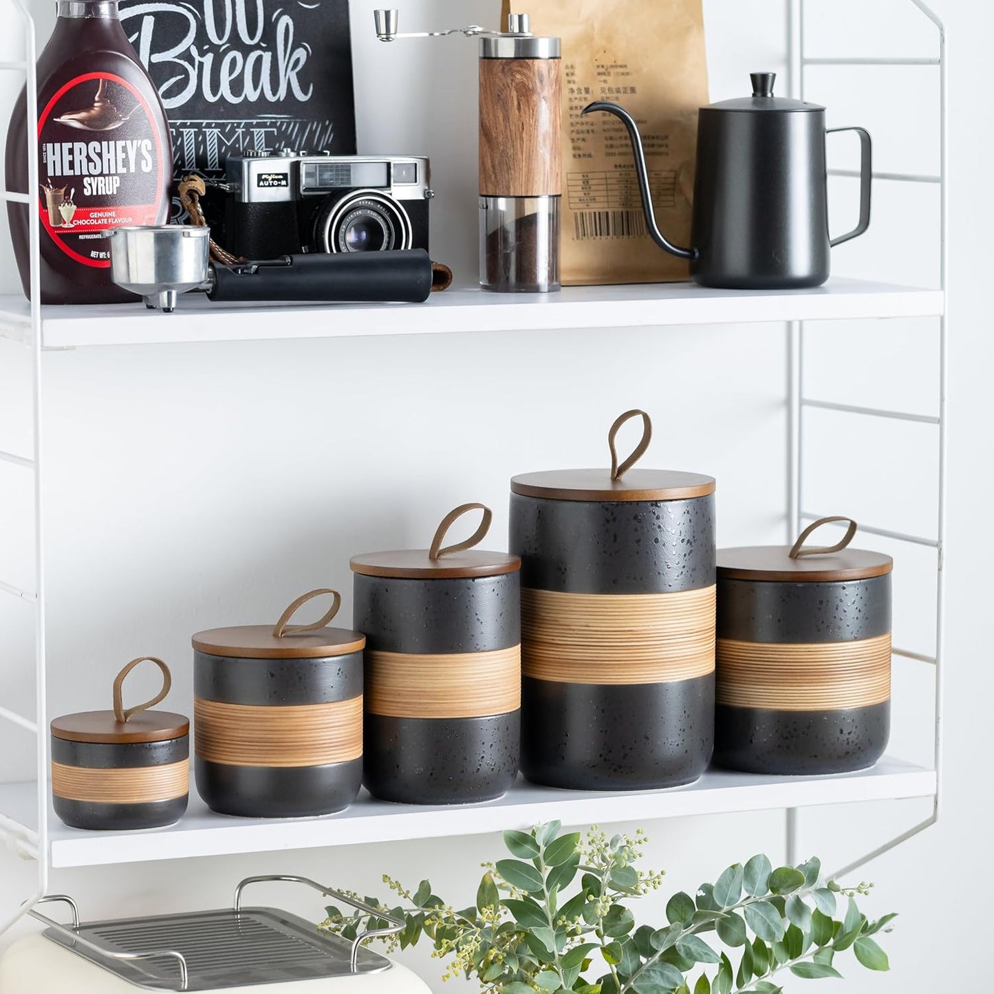 Coffee Container Jar with Lid, Ceramic Kitchen Food Storage Jars for Spice Sugar Cookie, Stackable Decorative Jars for Coffee Bar, Black & 28oz