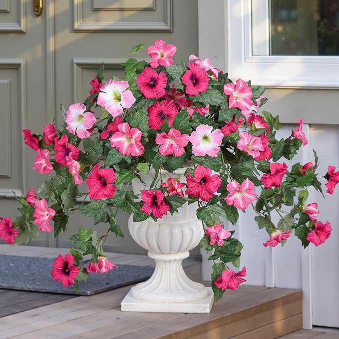HyeFlora Artificial Flowers for Outdoors 2PCS Faux Petunias Silk Fake Flowers for Outside Planter UV Resistant Realistic Home Garden Porch Decor (Pink)