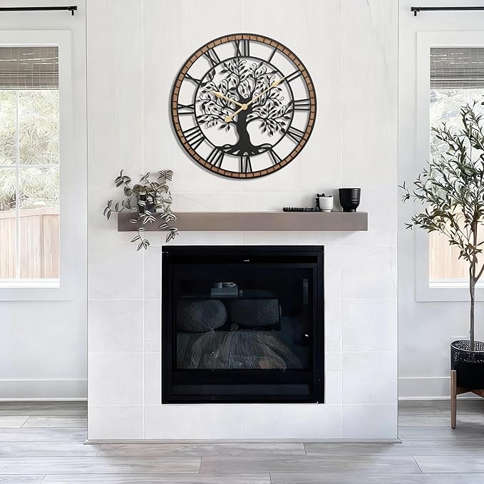Micasso Vintage Large Wall Clock: 30Inch FarmhouseTree of Life Metal with Wood Frame - Rustic Battery Operated Wall Clocks for Office/Living Room/Bedroom/Kitchen - Home Decor for Housewife