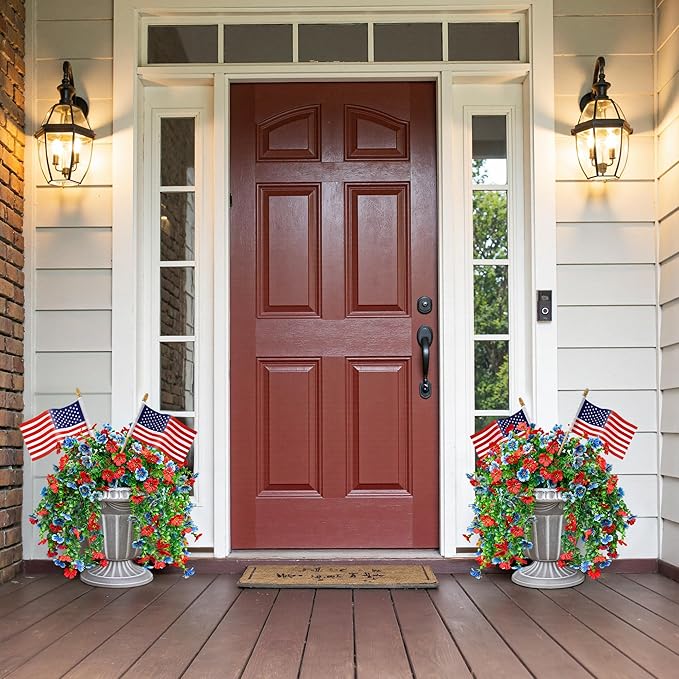 HyeFlora Faux Flowers for Outdoors Decoration, 2Pcs Artificial Fake Hanging Spring Summer Decor, Red and Blue Realistic Plants, UV & Fading Resistant Silk Flower for Porch Patio Balcony Planter Yard