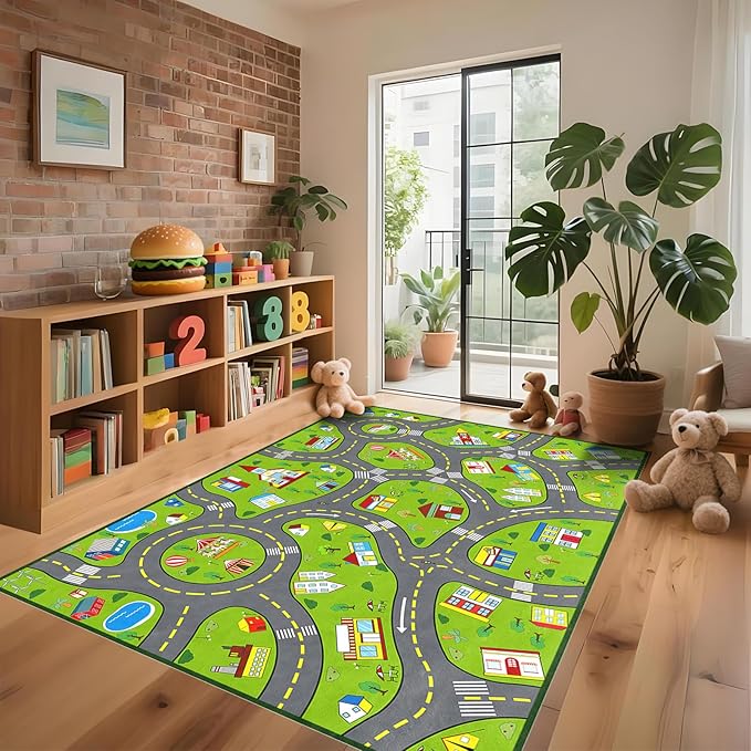 Car Rugs for Kids Room, City Life Kids Area Rugs for Bedroom Educational Learn Green Traffic Road Rug Decorate Nursery Toddler Classroom Preschool Living Room Playroom, 5x7 Feet
