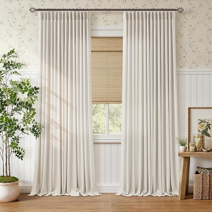 Pinch Pleated Linen Curtains 96 Inches Long 2 Panel for Living Room Sliding Door Bedroom Cream Semi Sheer Light Filtering Drape Floor to Ceiling 96 Inch Window Curtains Pinch Pleat Back Tab Natural