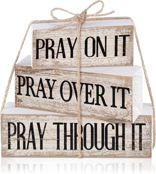 Yuntau 4 Pcs Farmhouse Wooden Tabletop Decor Bible Verse Tiered Tray Decorations Rustic Religious Christian Gift Block Sign Pray on It Centerpiece for Easter Home Kitchen Shelf Office Desk Decor