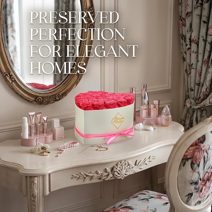 GLAMOUR BOUTIQUE Preserved Roses in a Box - Gifts for Her, Wife & Mom, Rose Flowers Forever Decor for Birthday Gift, Get Well Flower Bouquet Cased in White Box with Cover - Pink - 27 (Color-Treated)
