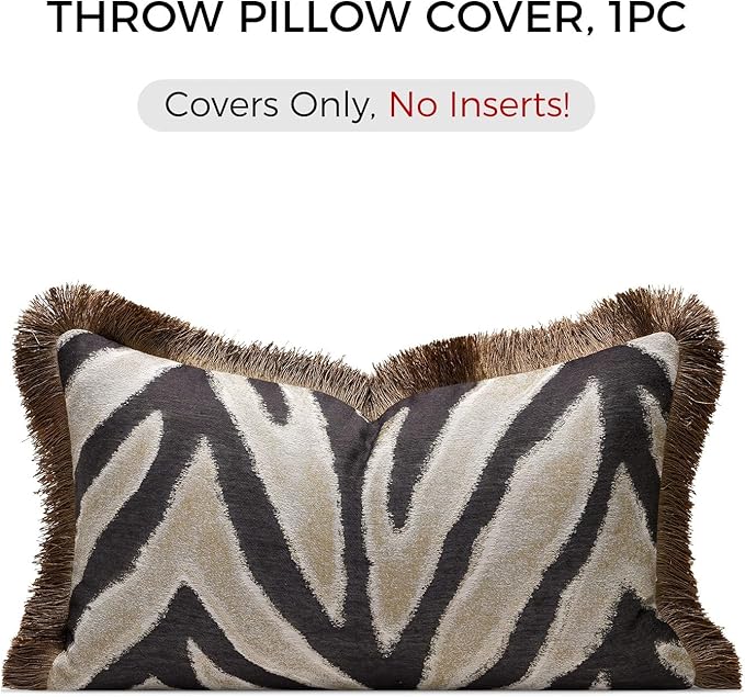 Luxury Zebra Lumbar Pillow Cover with Brown Tassel Trim, Zebra Pattern Jacquard Design Decorative Pillow Case for Sofa Bedroom Living Room, 12x20 Inch (Single Pack)