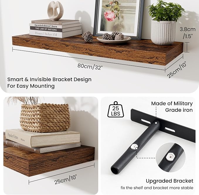 Fun Memories Floating Shelves for Wall, 32 Inch Long Floating Shelves Set of 2, 32 x 10 Wooden Shelves for Wall, Large Storage Shelves, Hanging Shelves for Bathroom Kitchen Bedroom, Rustic Brown