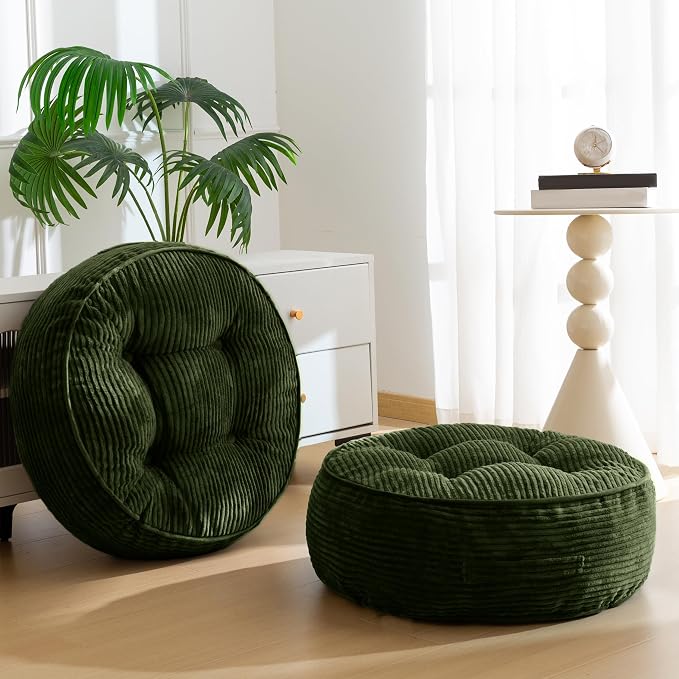 HIGOGOGO 8" Extra Thick Floor Pillow Cushion for Adults, Meditation Cushion Pillow, Large Round Floor Sitting, Tufted Corduroy Cover, for Tatami Living Room or Yoga, 22x22 Inch, 2Pack, Dark Green