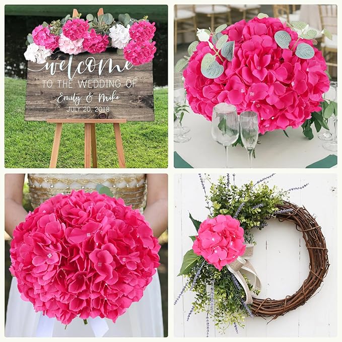 AVIVIHO 65pcs Fake Flowers Hot Pink Hydrangea Artificial Flowers Bulk (Not Squished, No Steaming Need) Silk Flowers with Stems for Wedding Decor,Home,Baby Shower,Table Centerpieces Decoration