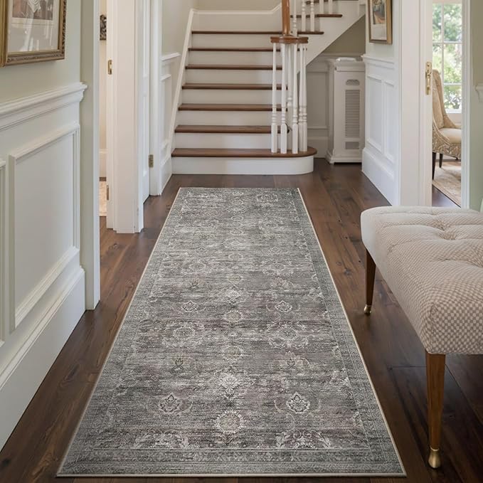 Rugxara 2x6 Runner Rug, Washable Kitchen Rugs, Grey Boho Vintage Floral Hallway Runner, Non Slip Low Pile Area Rug Carpet for Indoor Hallway, Kitchen, Laundry Room and Bathroom(Taupe/Grey 2x6ft)