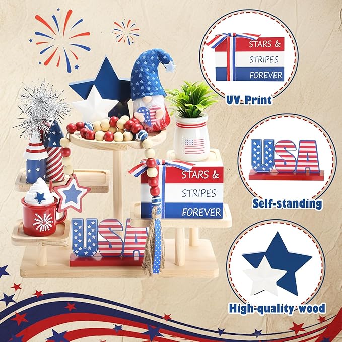 4th of July Decorations 8 Pcs Tiered Tray Decor, Patriotic Memorial Day Independence Day Decorations for Home Office Indoor, Fourth of July Table Centerpiece Shelf Mantel Red White and Blue Decor Sign