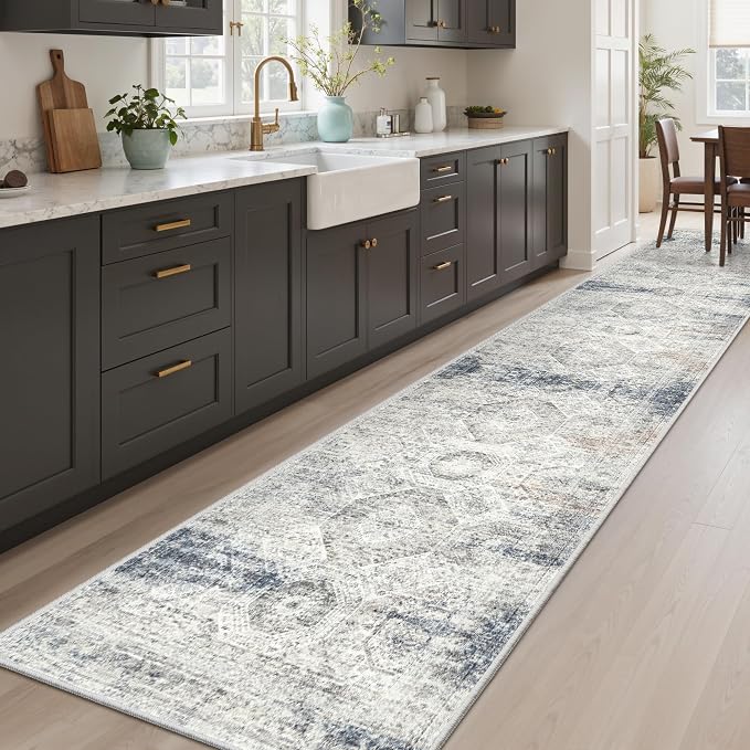 Soalmost Runner Rug 2x10 Washable Non-Slip Hallway Runner Rugs for Kitchen Bathroom Laundry Room Blue Ivory Vintage Floor Carpet Runners for Hallways Entryway