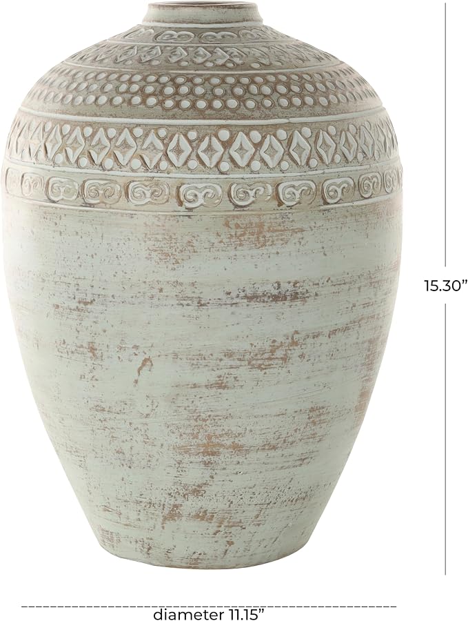 Deco 79 Ceramic Decorative Vase Antique Style Centerpiece Vase with Geometric Tribal Carvings, Flower Vase for Home Decoration 11" x 11" x 15", Green