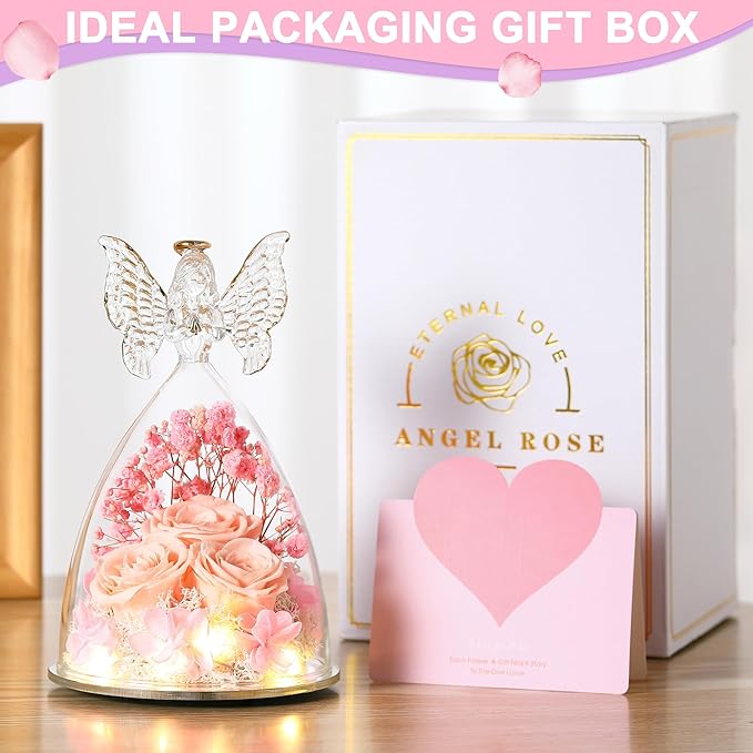 Mothers Day Rose Gifts for Women Preserved Real Flower in Glass Angel Figurines Roses for Delivery Prime Birthday Gifts for Mom Grandma Girlfriend Wife Her, Champagne