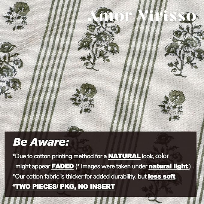 Amor Virisso Floral Throw Pillow Covers 22x22 Set of 2 Block Print Pillow Covers Neutral Floral Striped Farmhouse Decorative Pillow Covers for Sofa Couch Bed, Dusty Green